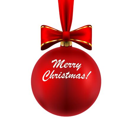 Beautiful Christmas red ball with bow isolated on white background. Illustration, vector.のイラスト素材