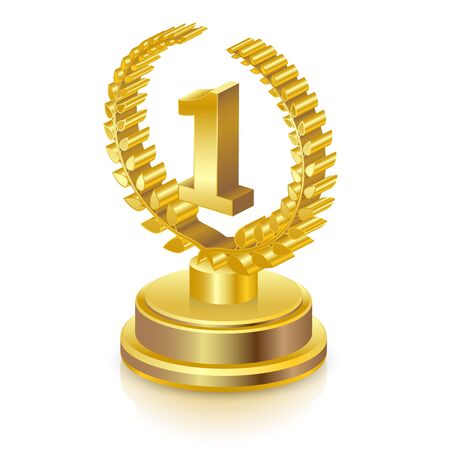 3D winner icon, Golden award on pedestal, success, reward sign symbol on white. illustration vector.のイラスト素材