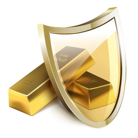 Two Gold bars and glass shield on white background. Banking protection concept symbol. Vector illustration.のイラスト素材