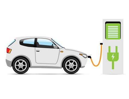 Electric car at charger station on white background. Ð¡oncept Eco transport. Illustration vector.のイラスト素材
