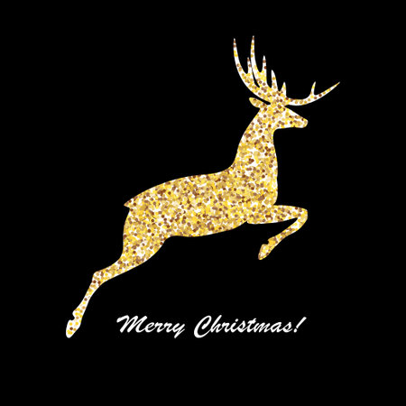Merry Christmas and happy new year. Golden deer jumping, for print, card or holiday.のイラスト素材