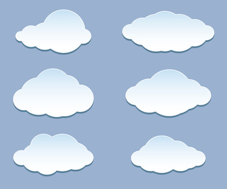 Cartoon white clouds, set iconson blue background for messages, banners, web design. Illustration Vectorのイラスト素材