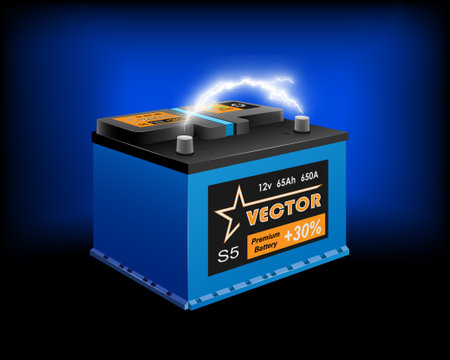 Car battery and electrical discharge on dark background. 3d illustration, vectorのイラスト素材