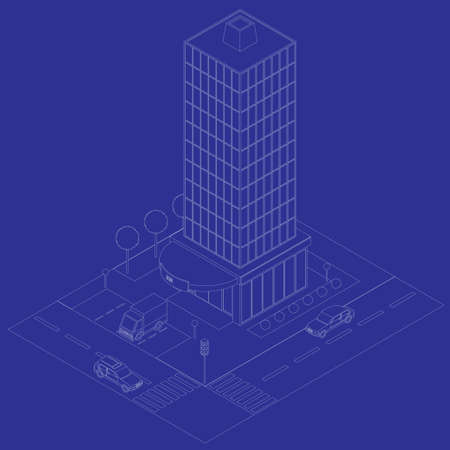 Isometric icon high glass building sketch, with street and cars for city map creation. Urban elements modern architecture on blue background. 3D Vector illustrationのイラスト素材