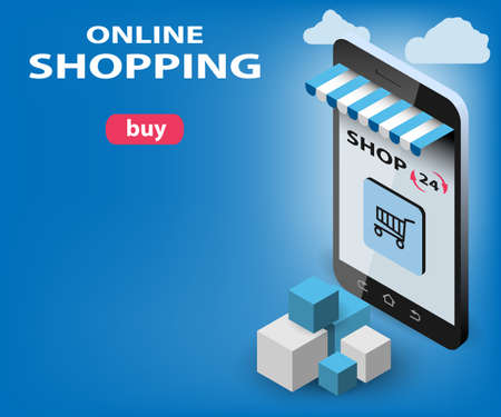 Isometric Concept Shopping Online. Modern online technology using a mobile phone for template, web, poster, banner, flyer. Illustration vector.のイラスト素材