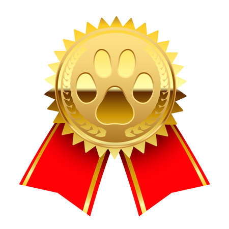 Gold Medal 1st Place Badge. Icon paw, Symbol of victory animal, medal with red ribbon isolated on white background. Vector illustrationのイラスト素材