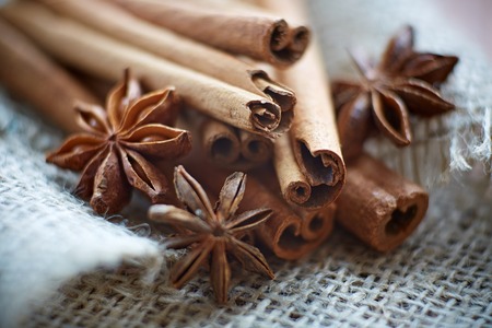 Star anise and cinnamon sticks on the burlapの写真素材