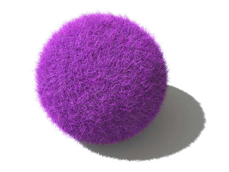 An isolated magenta fluffy ball with shadow laying on a surface on white backgroundの写真素材