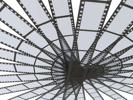 Multiple crossed layers of 35 mm photo film on white backgroundの写真素材