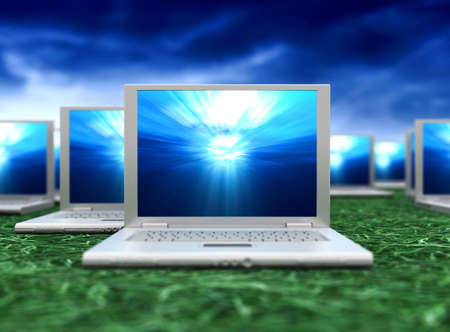 3D model of lots open notebooks standing on a grass under the sky