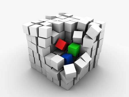 Big cube made of small monochrome cubes and three color RGB cubes in process of destruction on white backgroundの写真素材