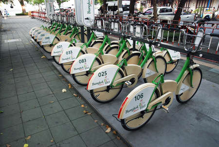 BANGKOK, THAILAND - APRIL 26. The Bangkok Smile Bikes awaiting for tourists to make their free cycling tour around the center on April 26th, 2010 in Bangkok, Thailand.のeditorial素材