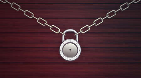 metal lock with chains on wooden background