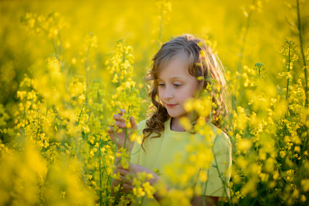 The beautiful girl in a yellow dress on the blossoming field