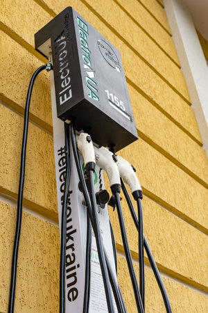 Skhodnitsa, Lviv region / Ukraine - May 22 2019: Charging station for electric cars. Electric car,...