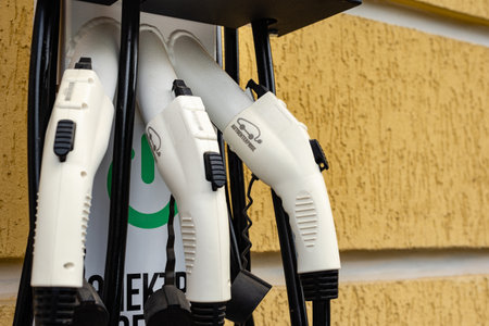 Skhodnitsa, Lviv region / Ukraine - May 22 2019: Charging station for electric cars. Electric car, Electric vehicle. New era of vehicle fuelのeditorial素材