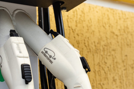 Skhodnitsa, Lviv region / Ukraine - May 22 2019: Charging station for electric cars. Electric car,...
