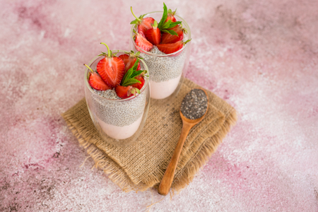 Beautiful and tasty dessert with strawberry and chia seeds. A fresh pudding for breakfastの写真素材