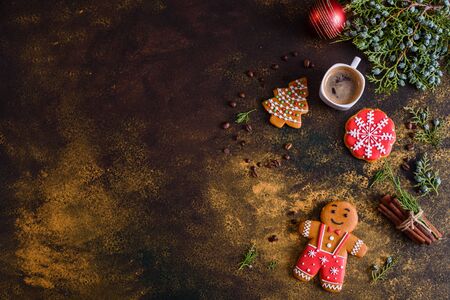 Christmas homemade gingerbread cookies on a dark backgroundの写真素材