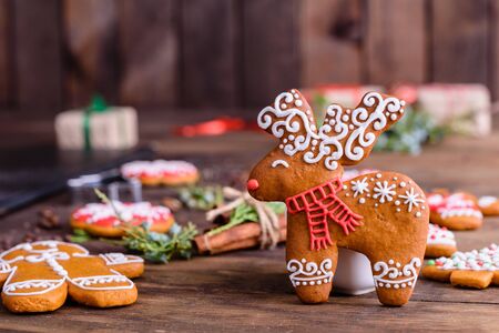 Christmas homemade gingerbread cookies on a dark backgroundの写真素材