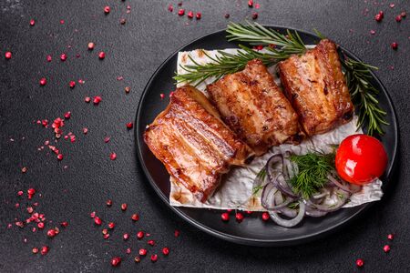 Fried ribs with rosemary, onion, sauce on a concrete background. Dark table. Place for text, copyspaceの写真素材