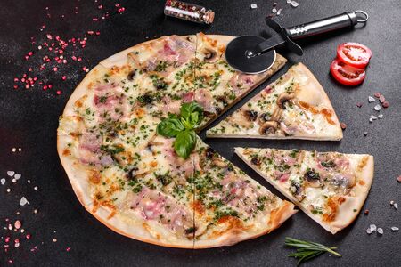 Fresh hot pizza with bacon, onions, greens and tomatoes made in an oven. Italian cuisineの写真素材