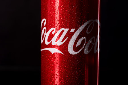 Nikopol, Dnepropetrovsk region/Ukraine - July 04 2020: A can of chilled coca-cola with drops of...