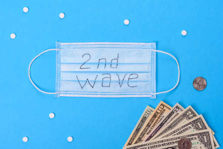 Covid 19 second wave. Covid 19. Medical mask on colors background and the inscription Covid 19...
