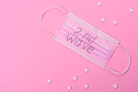 Covid 19 second wave. Covid 19. Medical mask on colors background and the inscription Covid 19...