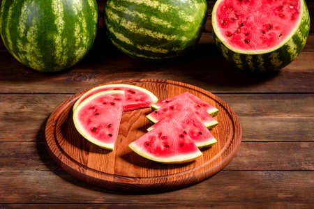 Fresh delicious watermelon sliced with mint and watermelon juice. Summer watermelon harvestの写真素材