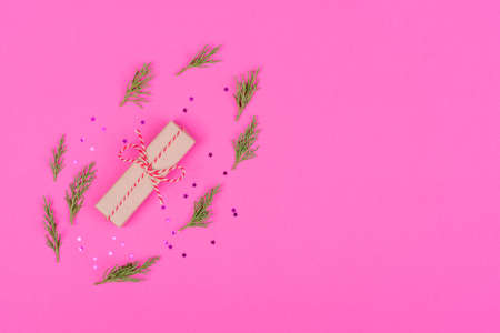 Christmas bright colored decorative background with New Year decorations with a copy space for text or designの写真素材