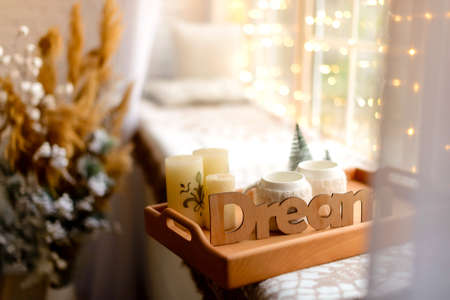 Beautiful holdiay decorated room with Christmas tree with presents under it. New year backgroundの写真素材