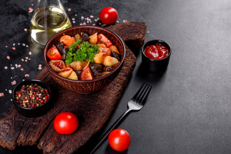 Delicious fresh paste with tomato sauce with spices and herbs on a dark background. Mediterranean...