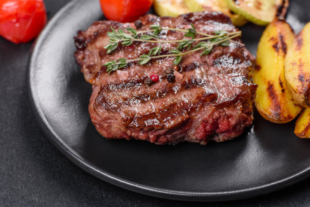 Fresh juicy delicious beef steak on a dark background. Meat dish with spices and herbsの写真素材
