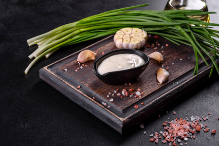 Garlic sauce in a ceramic black sauce with greenery on a wooden cutting board on a dark concrete tableの写真素材