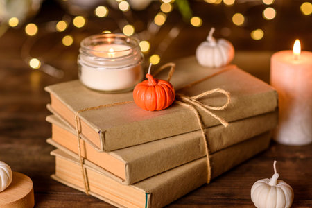 A burning candle on a wooden table in front of a book in a half-mast. Learning. Studying the Bibleの写真素材