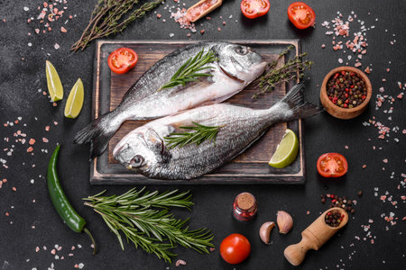 Raw dorado fish with spices cooking on cutting board.の写真素材