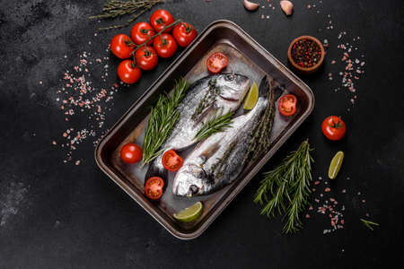 Raw dorado fish with spices cooking on a trayの写真素材