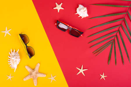 Beach accessories: glasses and hat with shells and sea stars on a colored background. Summer backgroundの写真素材