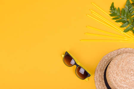 Beach accessories: glasses and hat with shells and sea stars on a colored background. Summer...