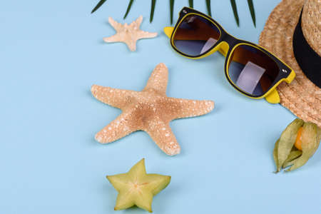 Fruit carambol, beach accessories and foliage of a tropical plant on colored paper. Summer...