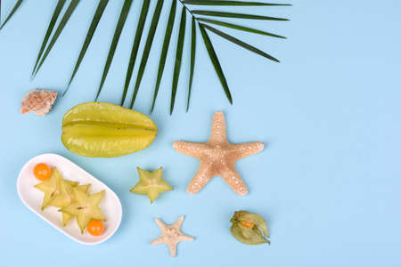 Fruit carambol, beach accessories and foliage of a tropical plant on colored paper. Summer...