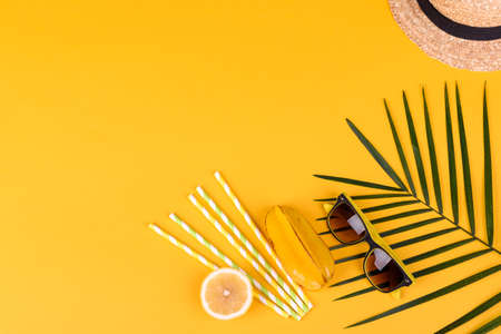 Beach accessories: glasses and hat with shells and sea stars on a colored background. Summer...