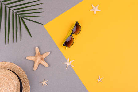 Beach accessories with shells and sea stars on a colored background