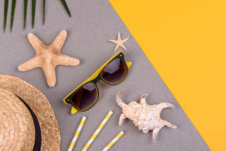 Beach accessories with shells and sea stars on a colored background