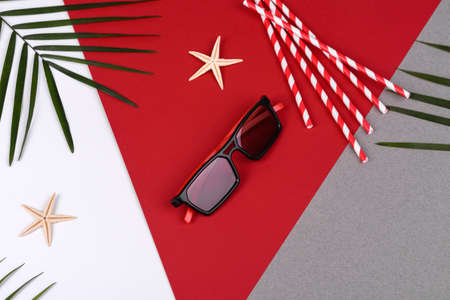 Beach accessories: glasses and hat with shells and sea stars on a colored background. Summer backgroundの写真素材