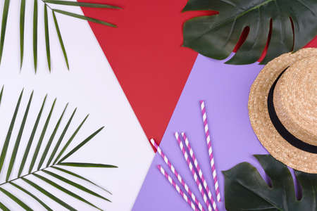 Beach accessories: glasses and hat with shells and sea stars on a colored background. Summer backgroundの写真素材