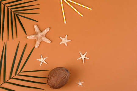 Beach accessories: glasses and hat with shells and sea stars on a colored background. Summer backgroundの写真素材