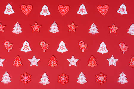 Christmas composition. Red and white decor elements that are used to decorate the Christmas tree....