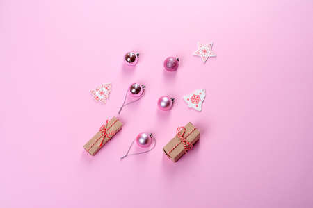 Christmas composition. Red and white decor elements that are used to decorate the Christmas tree. Winter, New Year's conceptの写真素材